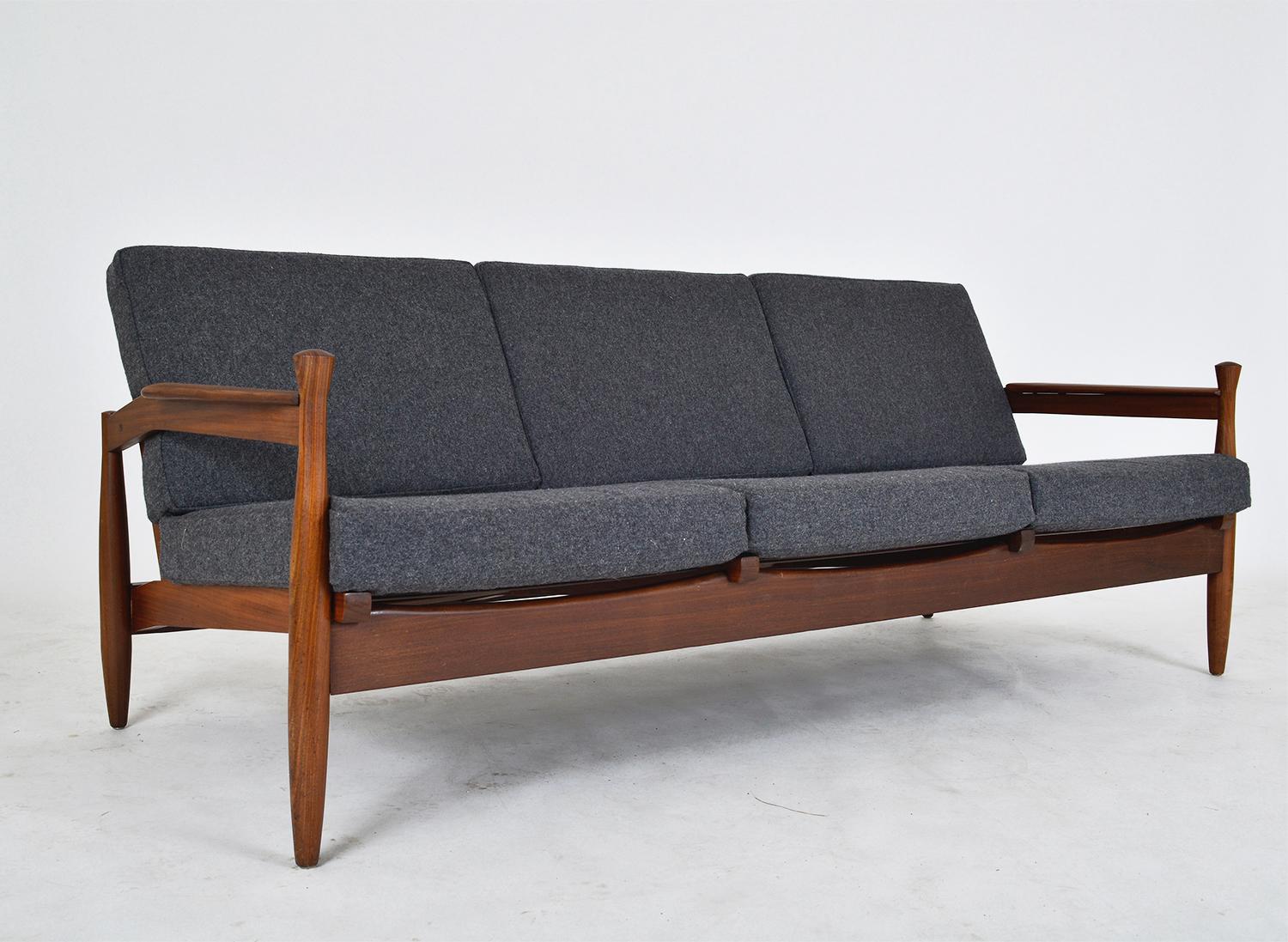 British 1960s English Mid-Century Modern African Teak Grey Three-Seat Sofa