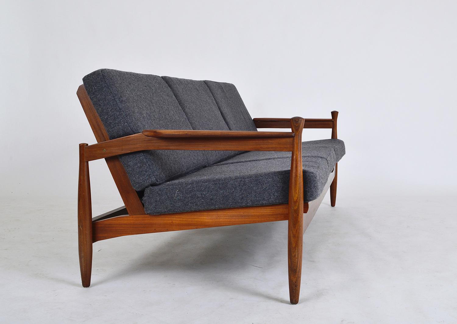 Mid-20th Century 1960s English Mid-Century Modern African Teak Grey Three-Seat Sofa