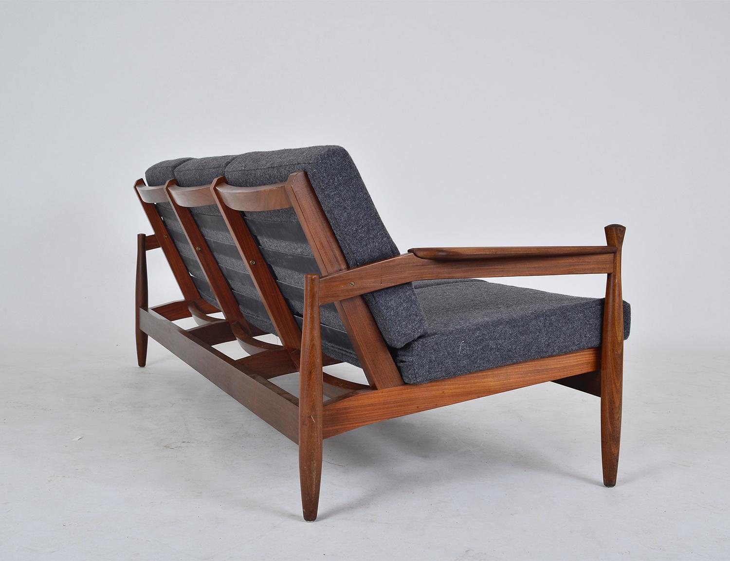 Wool 1960s English Mid-Century Modern African Teak Grey Three-Seat Sofa