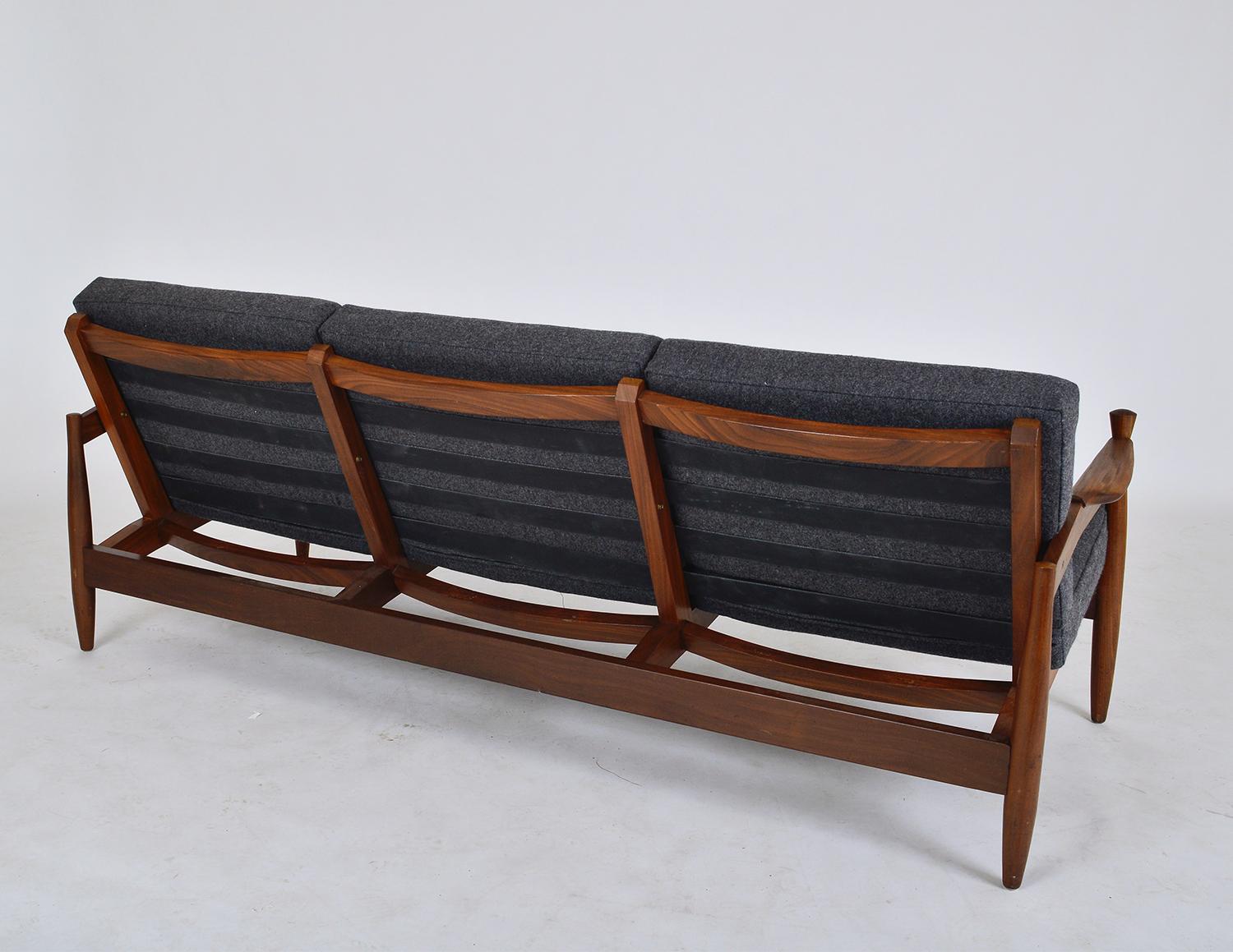 1960s English Mid-Century Modern African Teak Grey Three-Seat Sofa 1