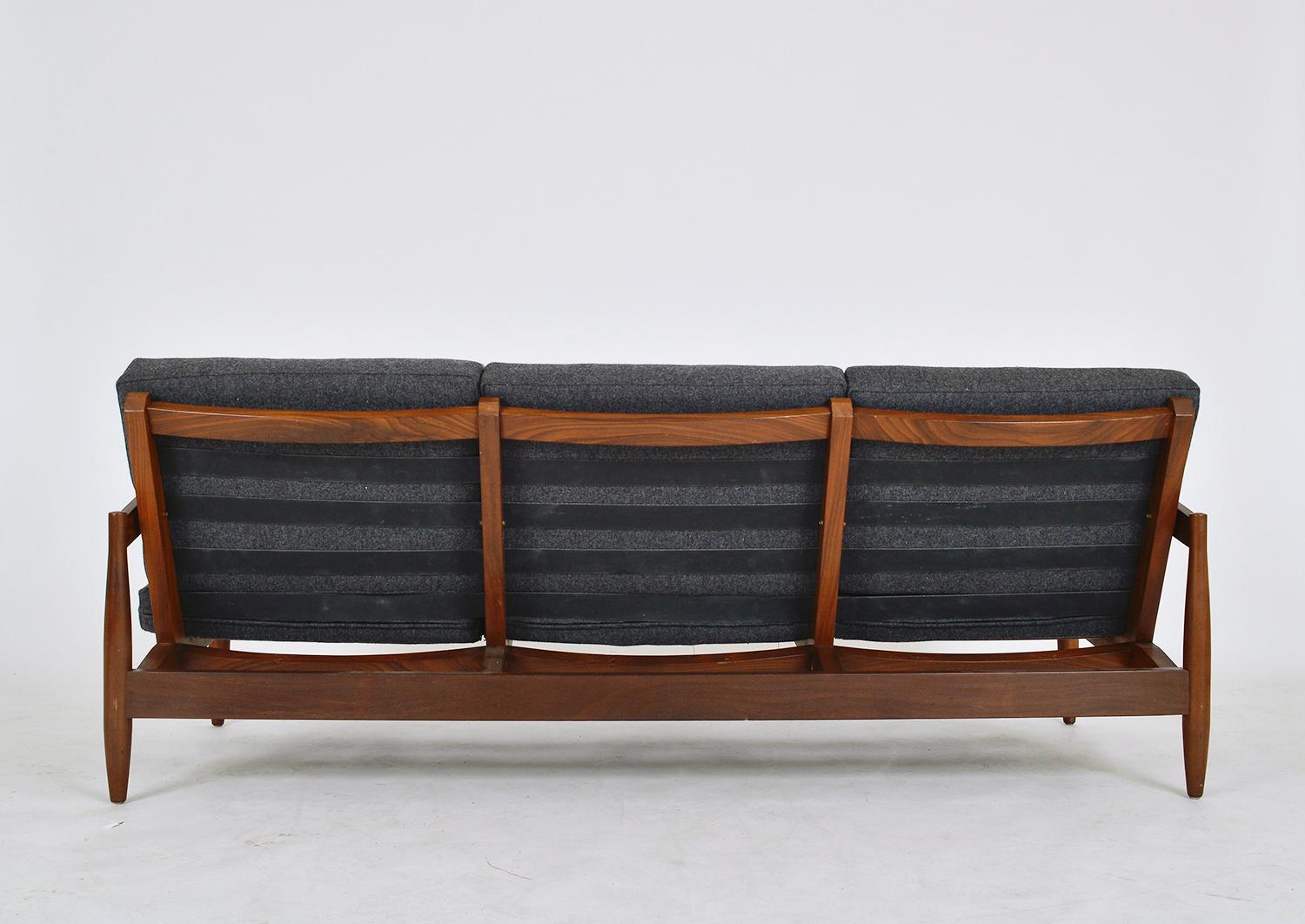 1960s English Mid-Century Modern African Teak Grey Three-Seat Sofa 2