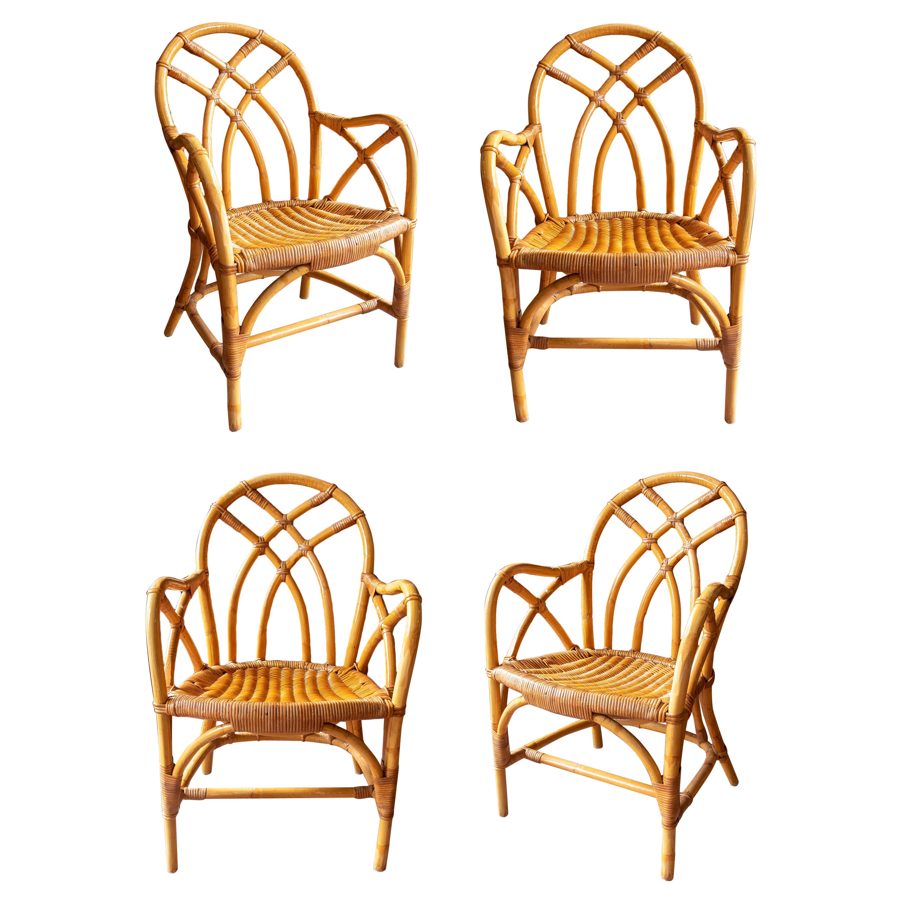 Ensemble de quatre fauteuils en osier anglais des années 1960