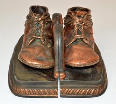 1960s English Traditional Bronze & Copper Baby Shoes Bookends Nursery Décor Pair