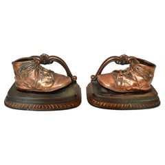 1960s English Traditional Bronze & Copper Baby Shoes Bookends Nursery Décor Pair