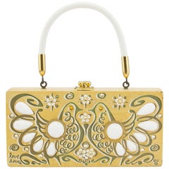 1960s Enid Collins Rectangle Wood Top Handle Bag with White Dove Details