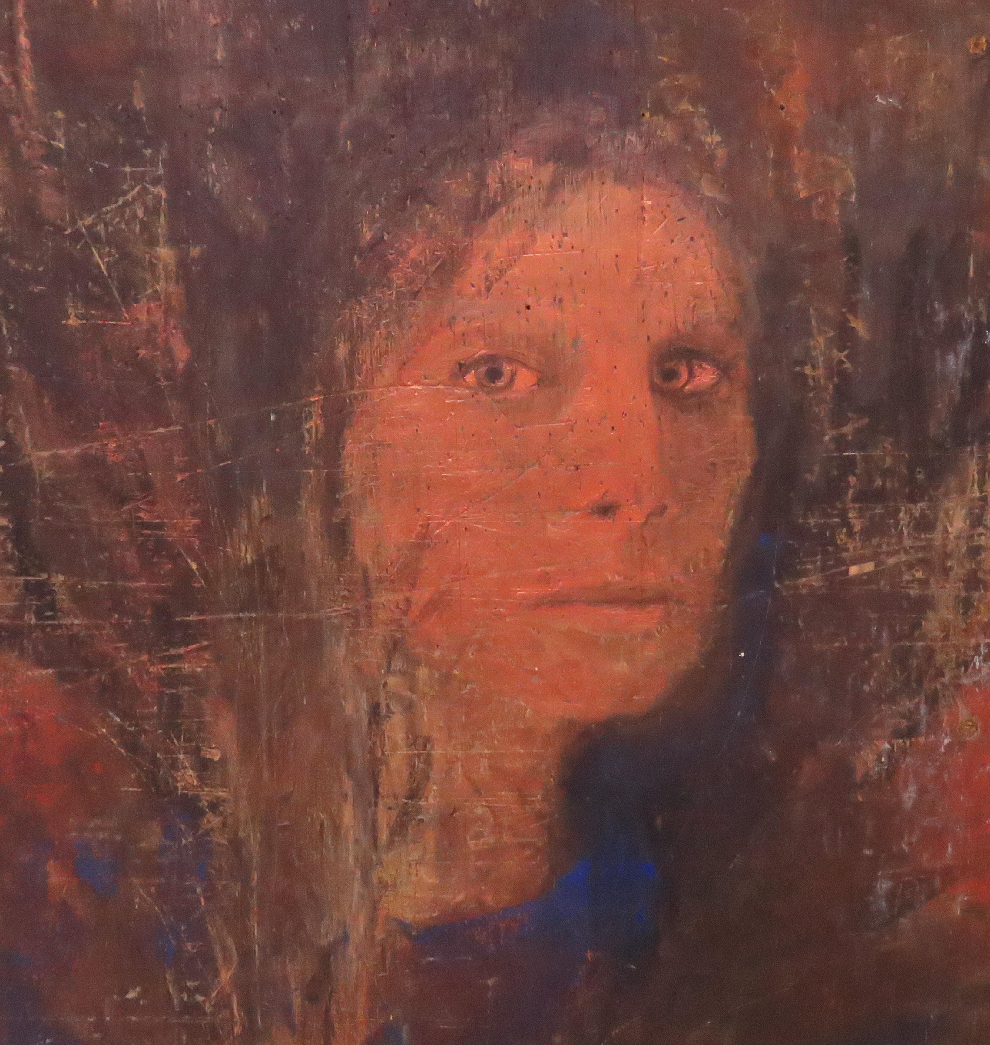 A seraphic portrait painting of a woman, who seems to us mysteriously reminiscent of Andrew Wyeth’s muse Helga, circa 1960s. Oil on a plywood panel previously used as a drawing board, with distressing from numerous tack holes and paper cuttings.