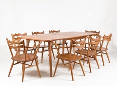 1960s Ercol Set of 8 Windsor Dining Arm Chairs 493 & Large Extending Table 444