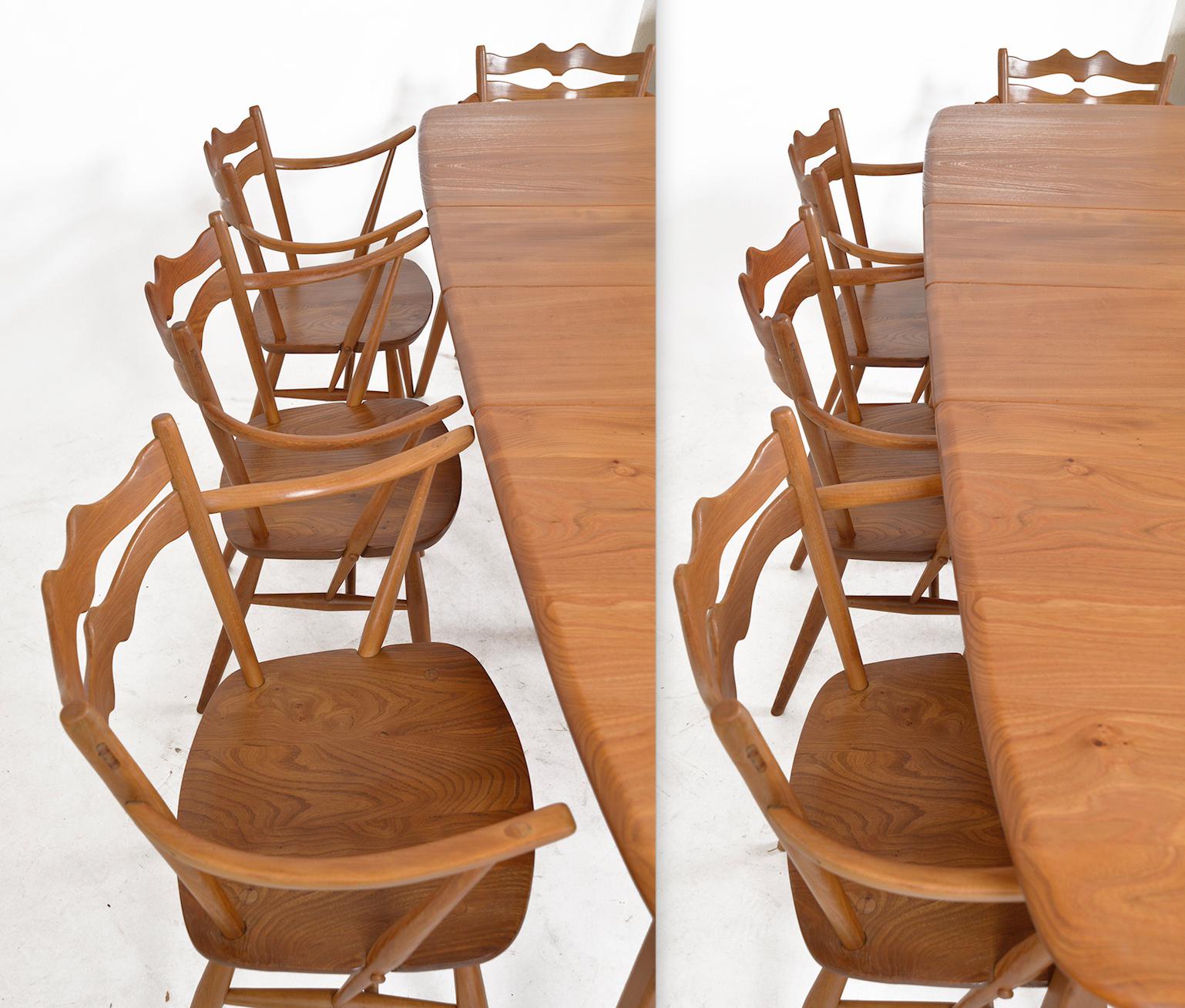 Beech 1960s Ercol Set of 8 Windsor Dining Arm Chairs 493 & Large Extending Table 444 For Sale