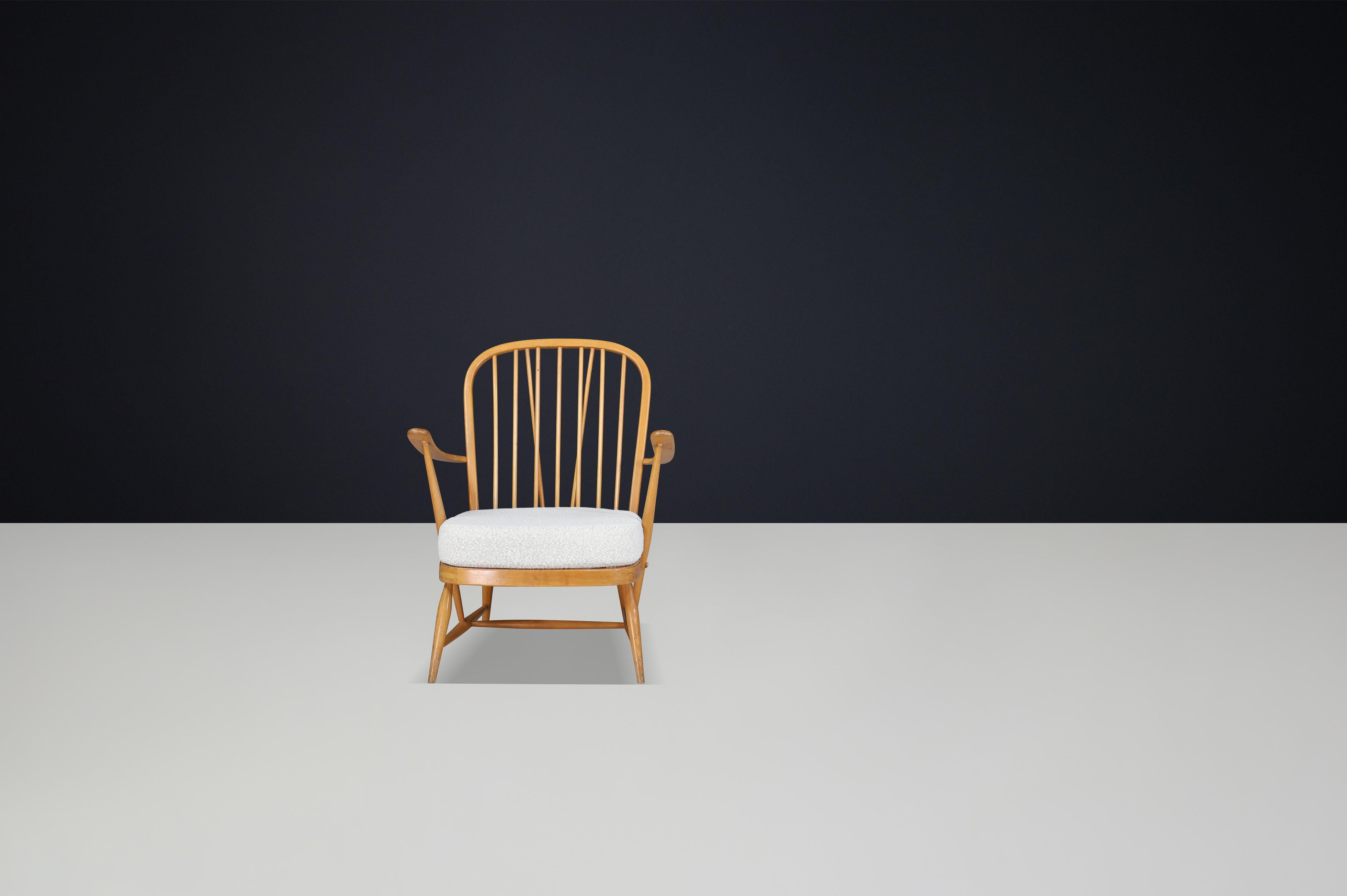 1960er Jahre Ercol Windsor Lounge Chair in Buche & Ulme blond mit New Bouclé-Stoff im Angebot 2