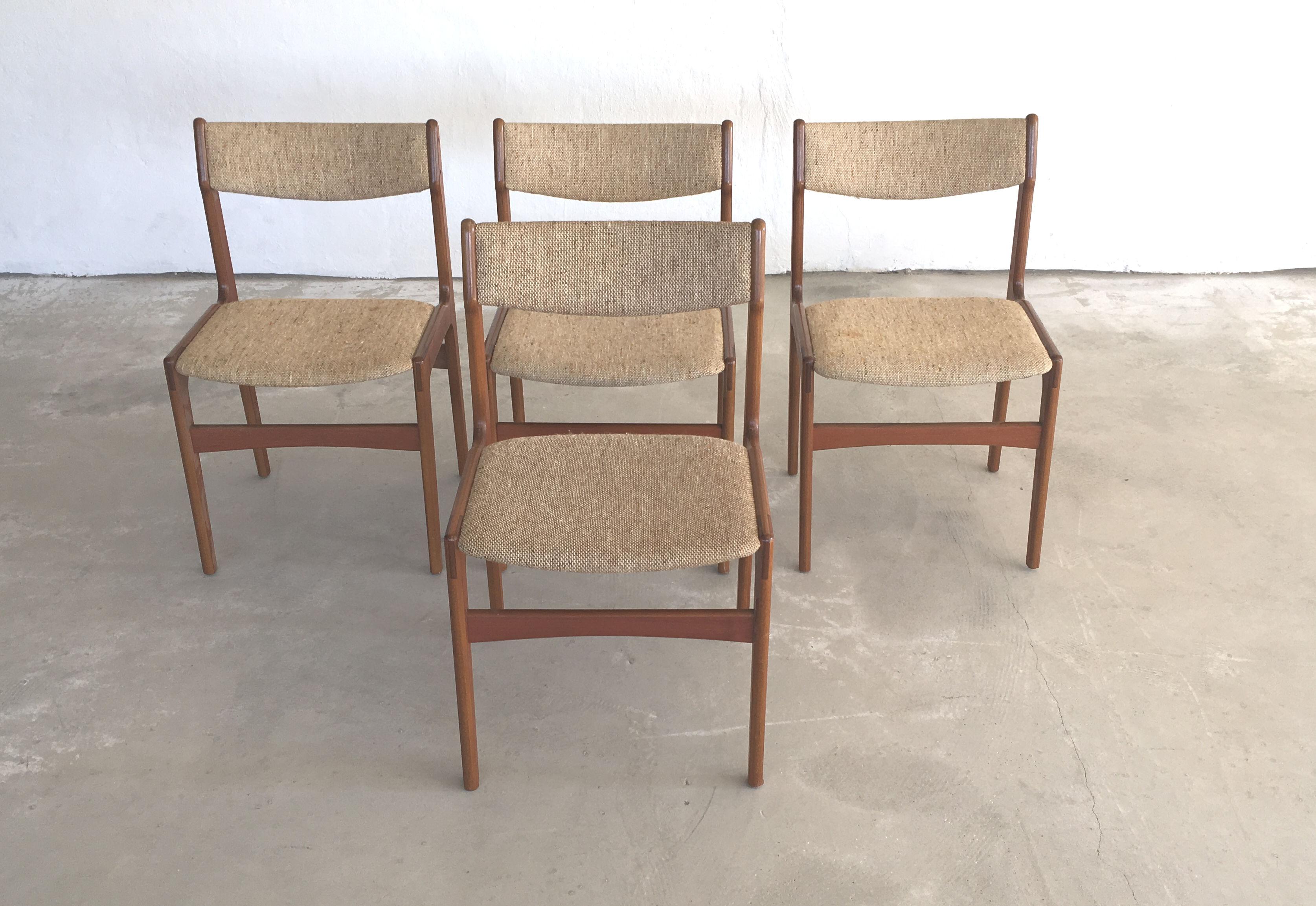 Set of four teak dining chairs designed by Erik Buch.

The chairs are as all of Erik Buchs chairs comfortable and are in very good condition.

The chairs have been restored and refinished by our cabinetmaker to ensure that they are in very good