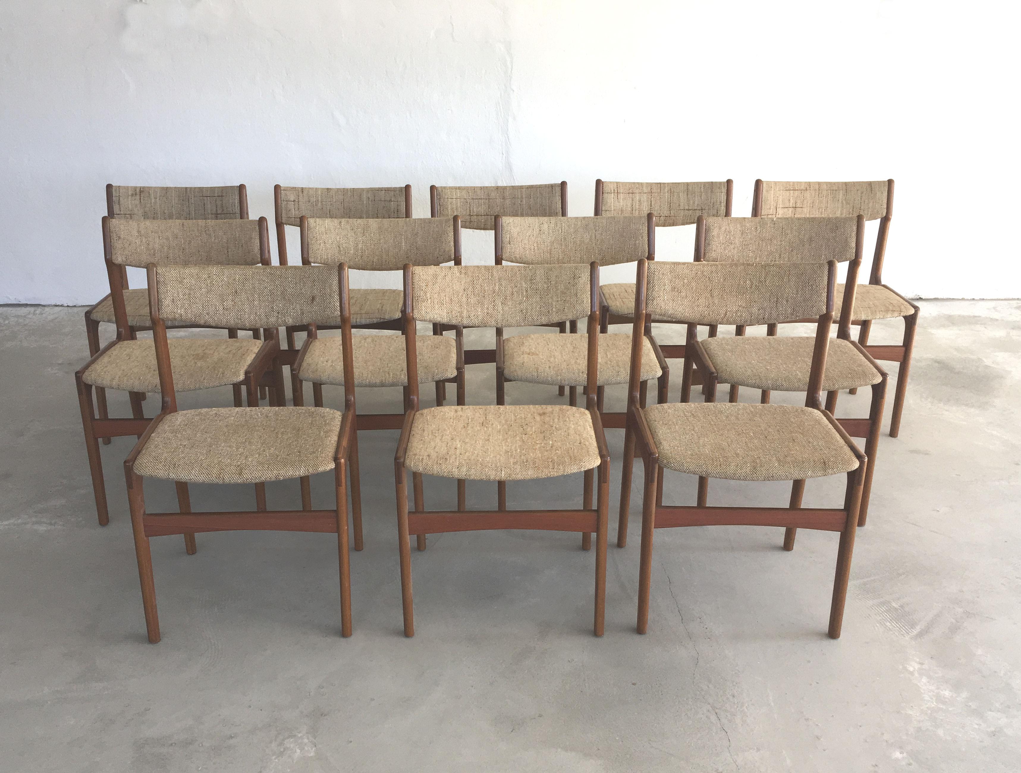 Set of 12 teak dining chairs designed by Erik Buch.

The chairs are as all of Erik Buchs chairs comfortable and are in very good condition.

The chairs have been restored and refinished by our cabinetmaker to ensure that they are in very good