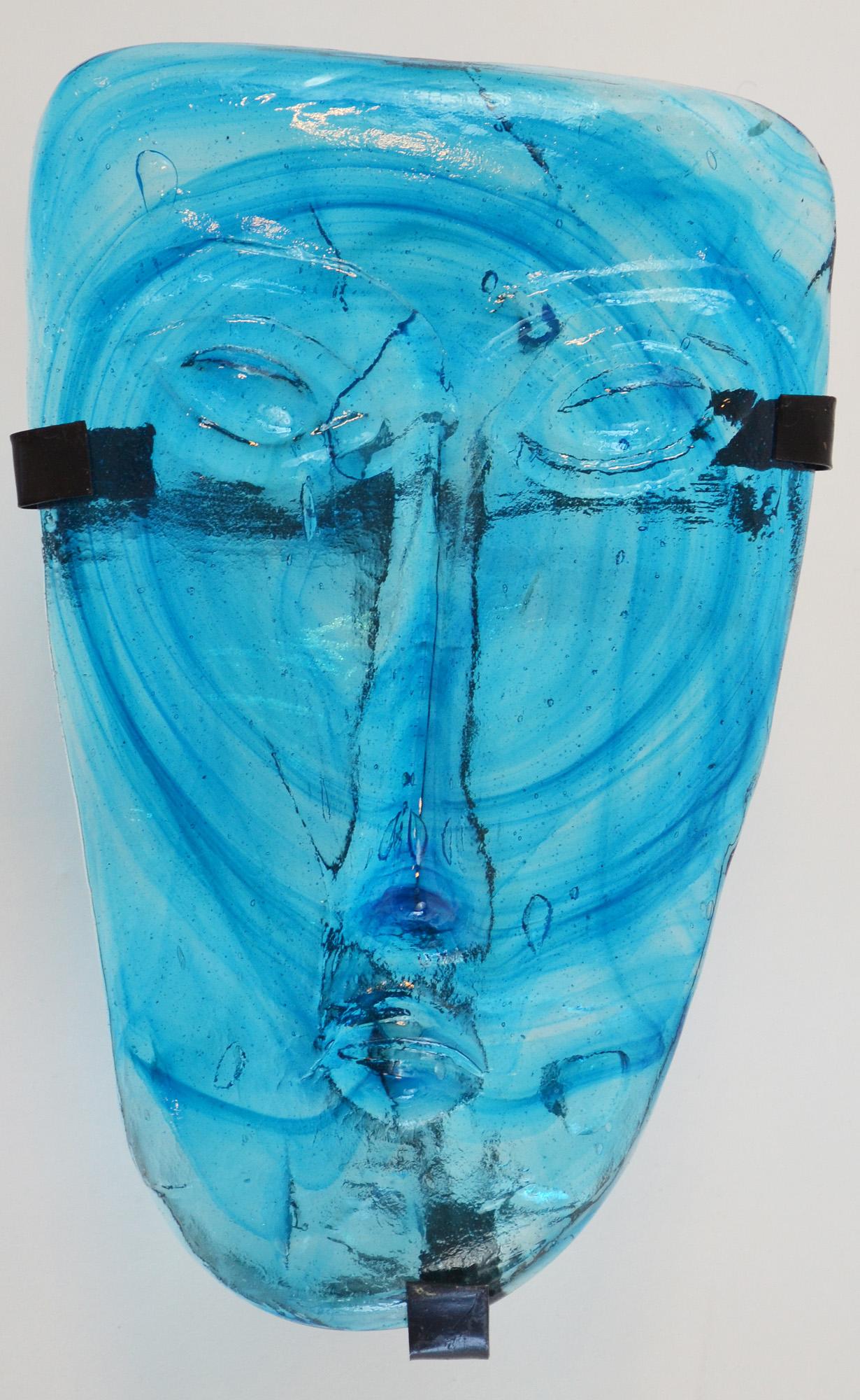 1960s Erik Höglund for Kosta Boda blue art glass face mask wall hanging or candle sconce. Steel frame holds blue glass mask.