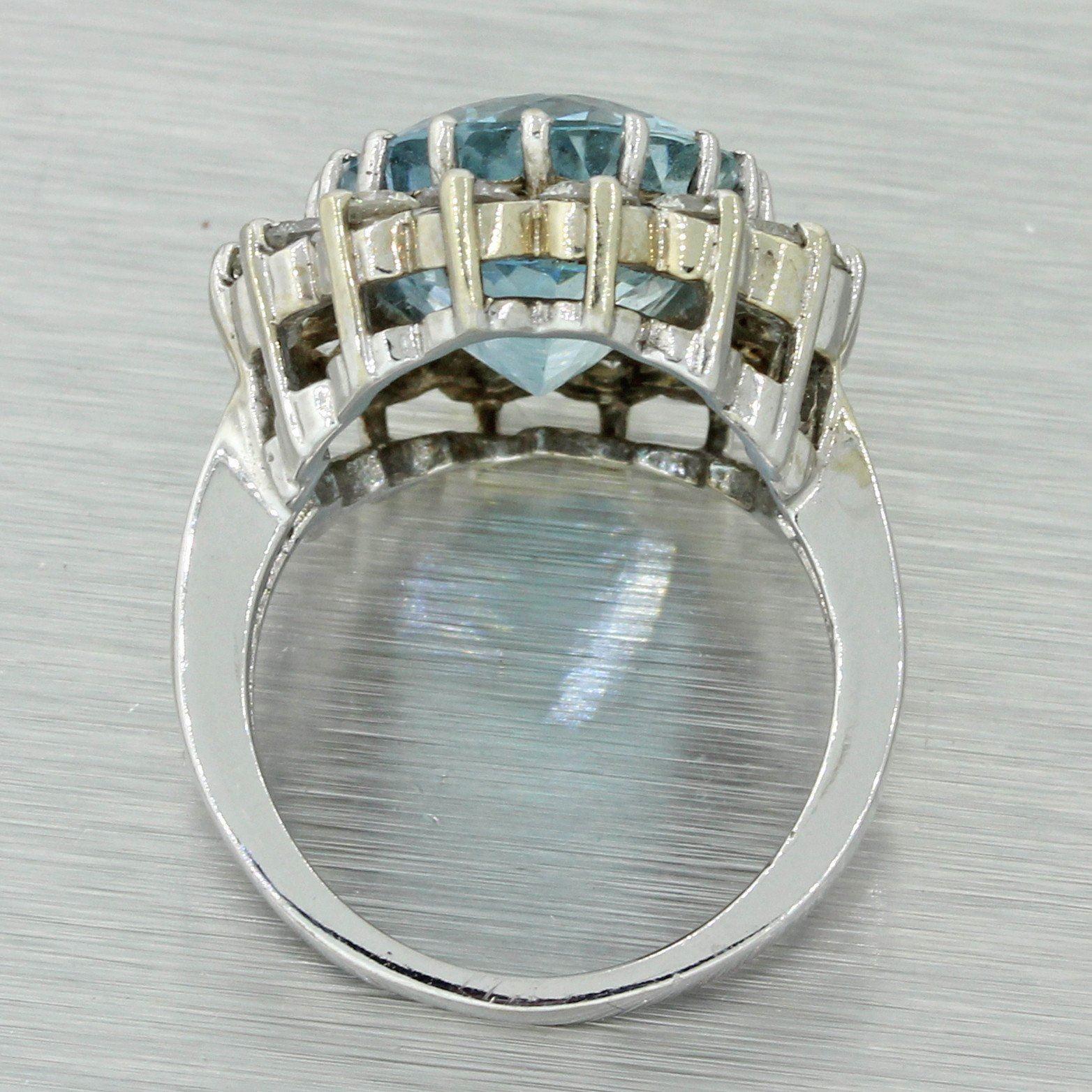 Oval Cut 1960s Estate 14k White Gold Aquamarine VS Diamond Halo Cocktail Ring For Sale
