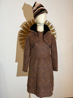 Estevez anni '60, 2 pezzi, nero/marrone, Paisley, vestito midi a linea d'aria e bolero con taglio a cropped.