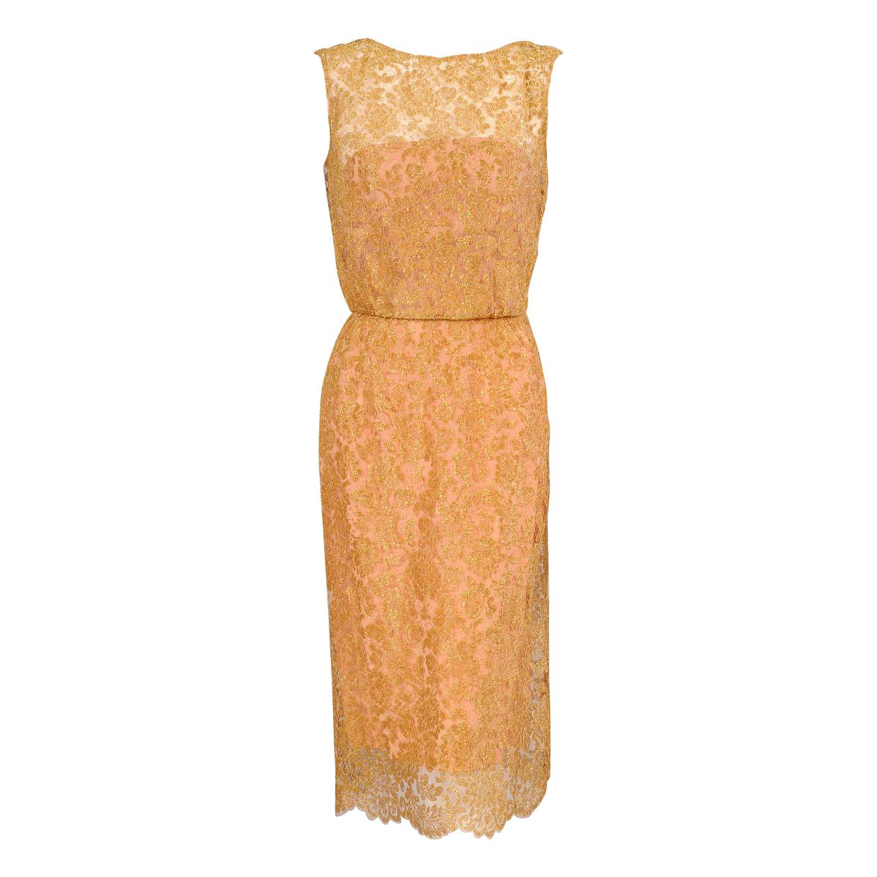 1960's Estevez Gold Lace Dress For Sale