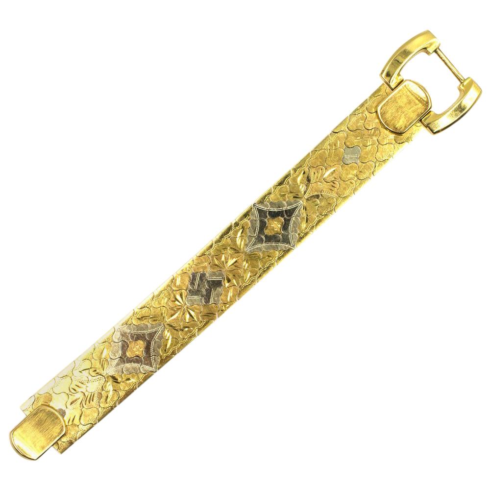 1960s Etched 18 Karat Two-Tone Gold Link Flexible Bracelet