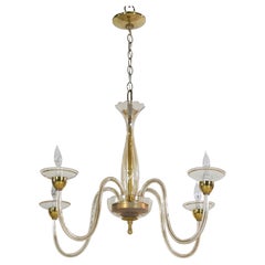 1960s Etched Murano Glass Chandelier 4 Scrolled Arms & Champagne Hue