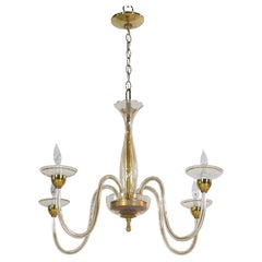 1960s Etched Murano Glass Chandelier 4 Scrolled Arms & Champagne Hue