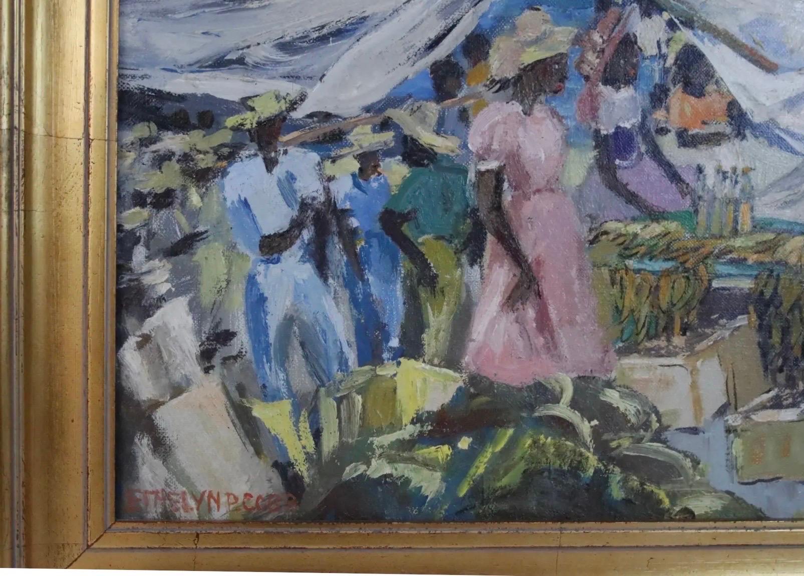 Ein kompetentes Öl auf Leinwand von der aufgeführten Künstlerin Ethelyn Pratt Cobb 1884 - 1973. Die Szene zeigt einen hellen und geschäftigen schwimmenden Markt vor einer Kulisse aus weißen Segeln und blauem Wasser. Eingefasst in einen vergoldeten
