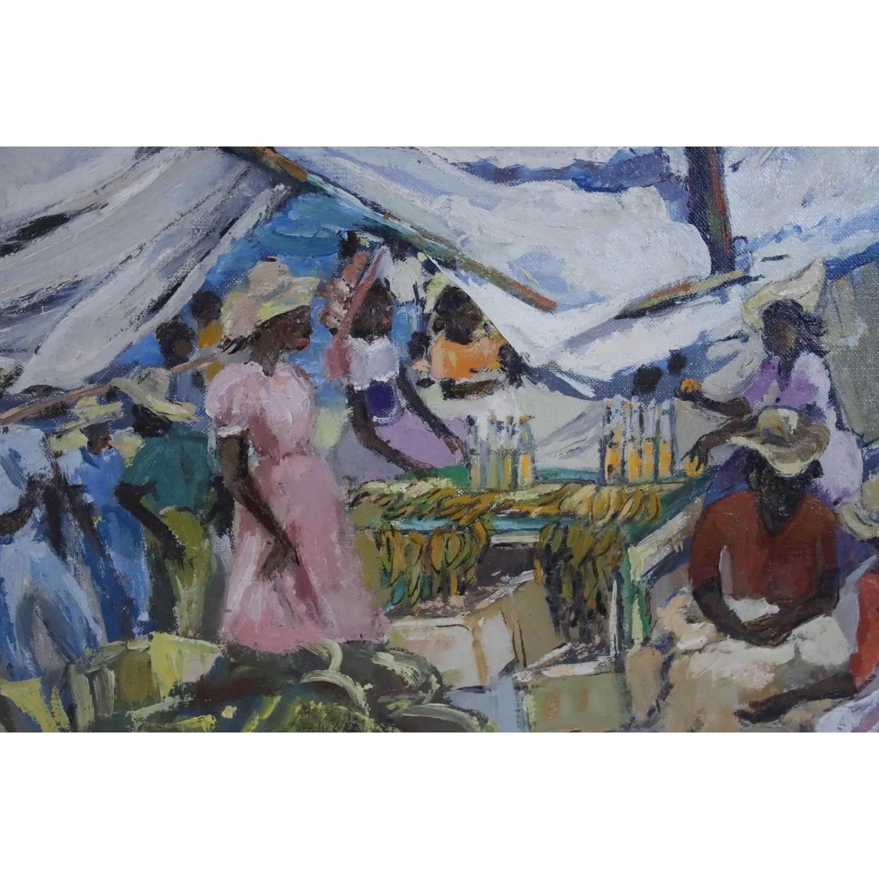 1960’s Ethelyn P.Cobb Floating Market Scene Oil on Canvas (Postmoderne) im Angebot