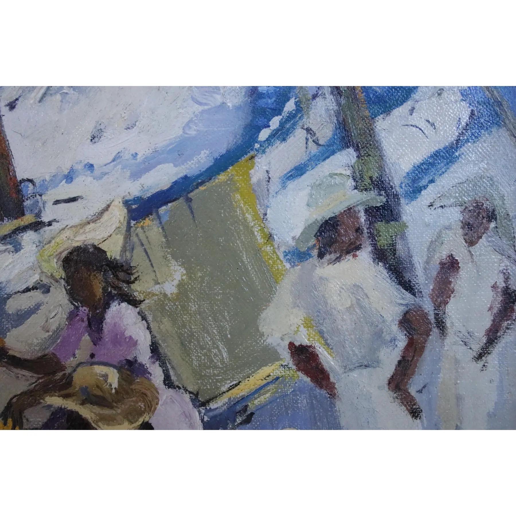 1960’s Ethelyn P.Cobb Floating Market Scene Oil on Canvas (amerikanisch) im Angebot