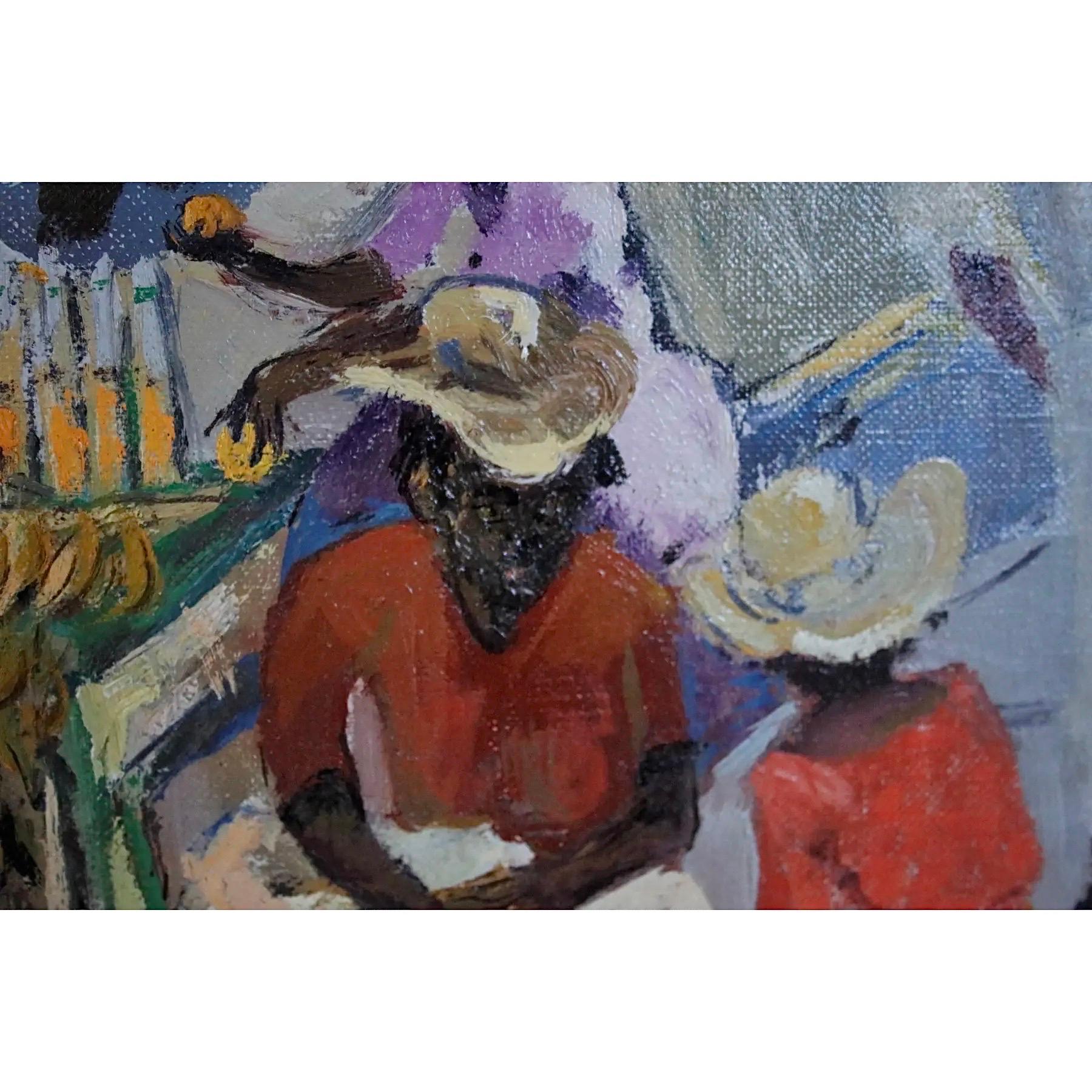 1960’s Ethelyn P.Cobb Floating Market Scene Oil on Canvas im Zustand „Gut“ im Angebot in Sarasota, FL