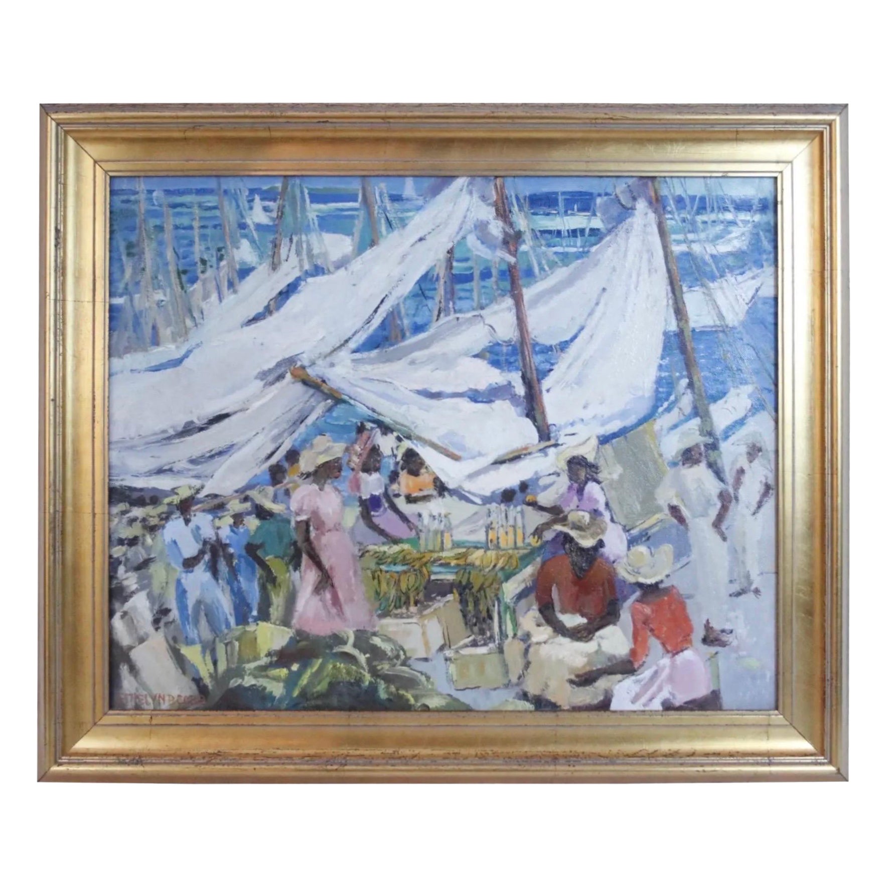 1960’s Ethelyn P.Cobb Floating Market Scene Oil on Canvas