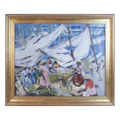 1960’s Ethelyn P.Cobb Floating Market Scene Oil on Canvas