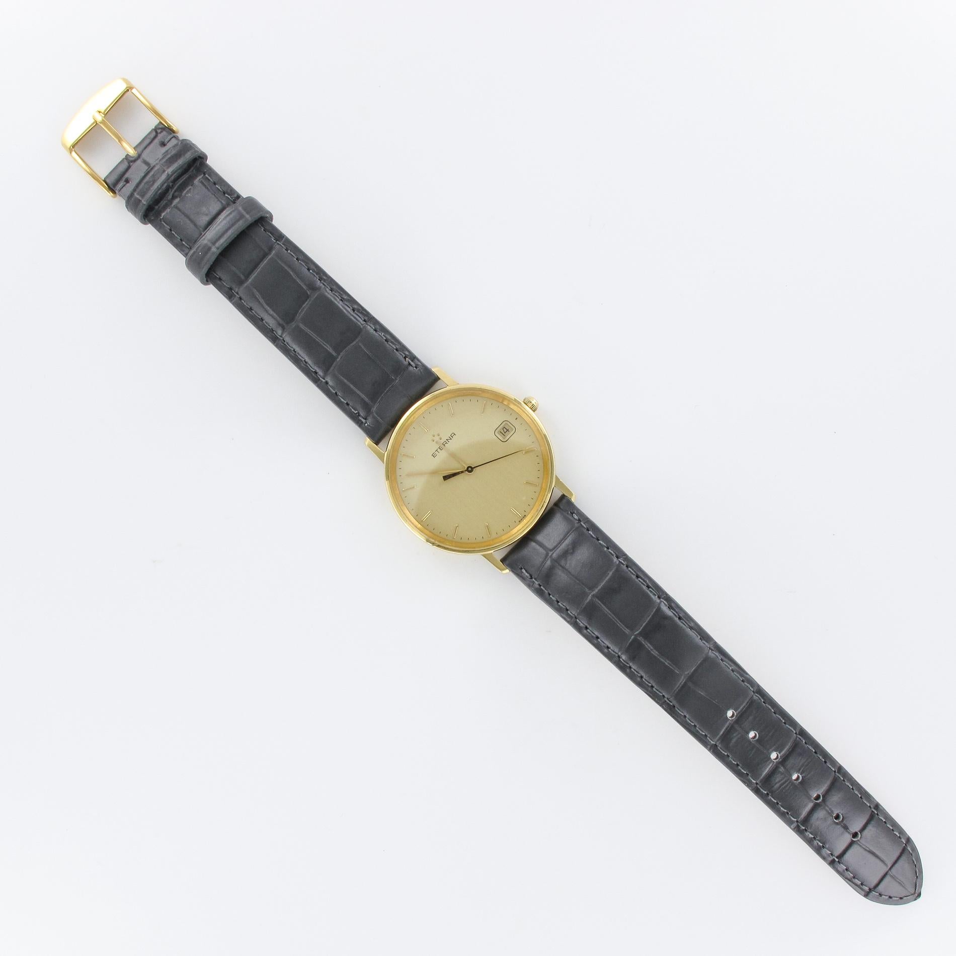 1960s Eterna 18 Karat Yellow Gold Leather Bracelet Men Wristwatch 5