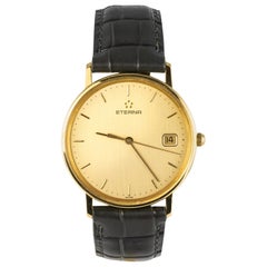 Vintage 1960s Eterna 18 Karat Yellow Gold Leather Bracelet Men Wristwatch