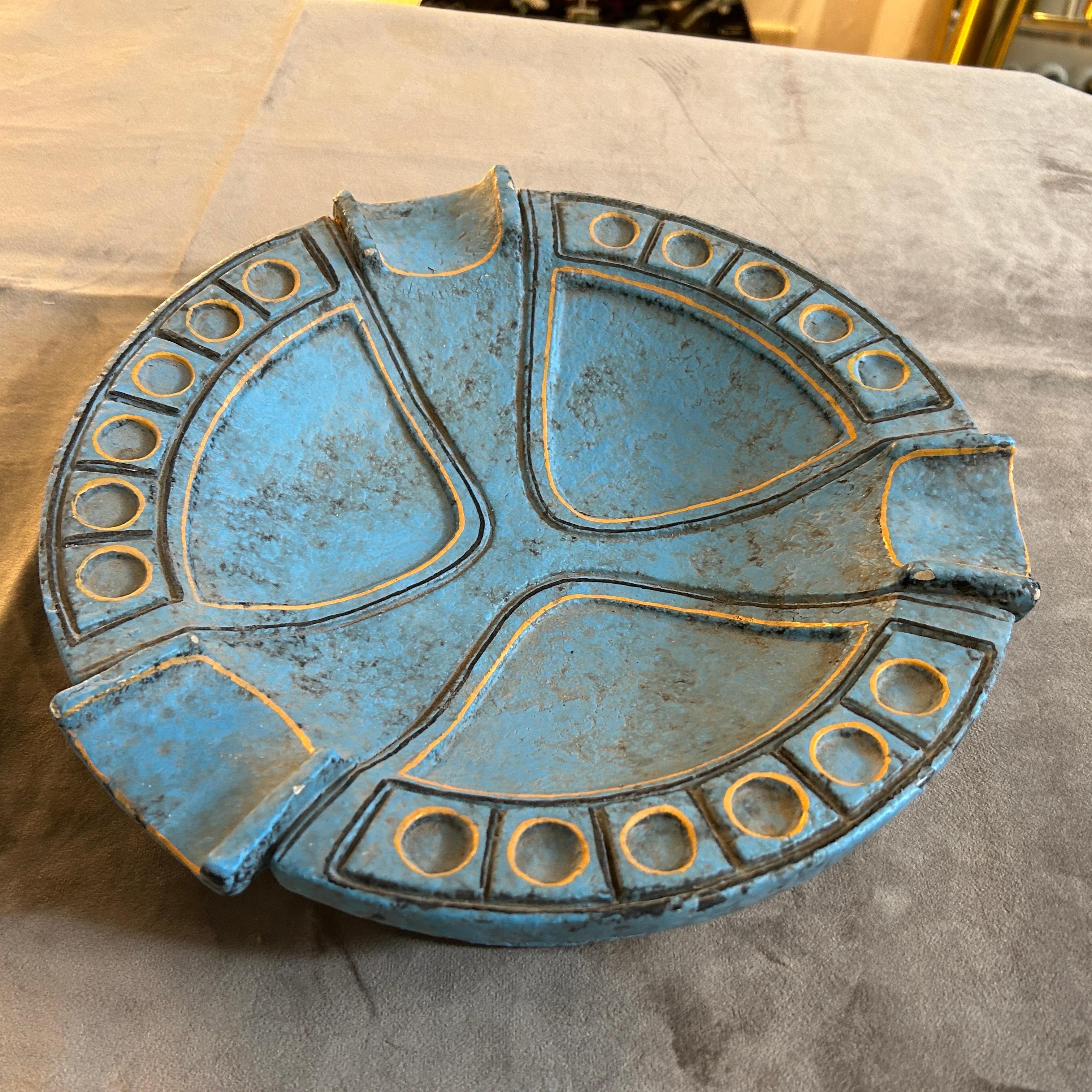 1969 Etruscan Inspired Blue and Yellow Ceramic Italian Ashtray by Casucci In Good Condition For Sale In Aci Castello, IT