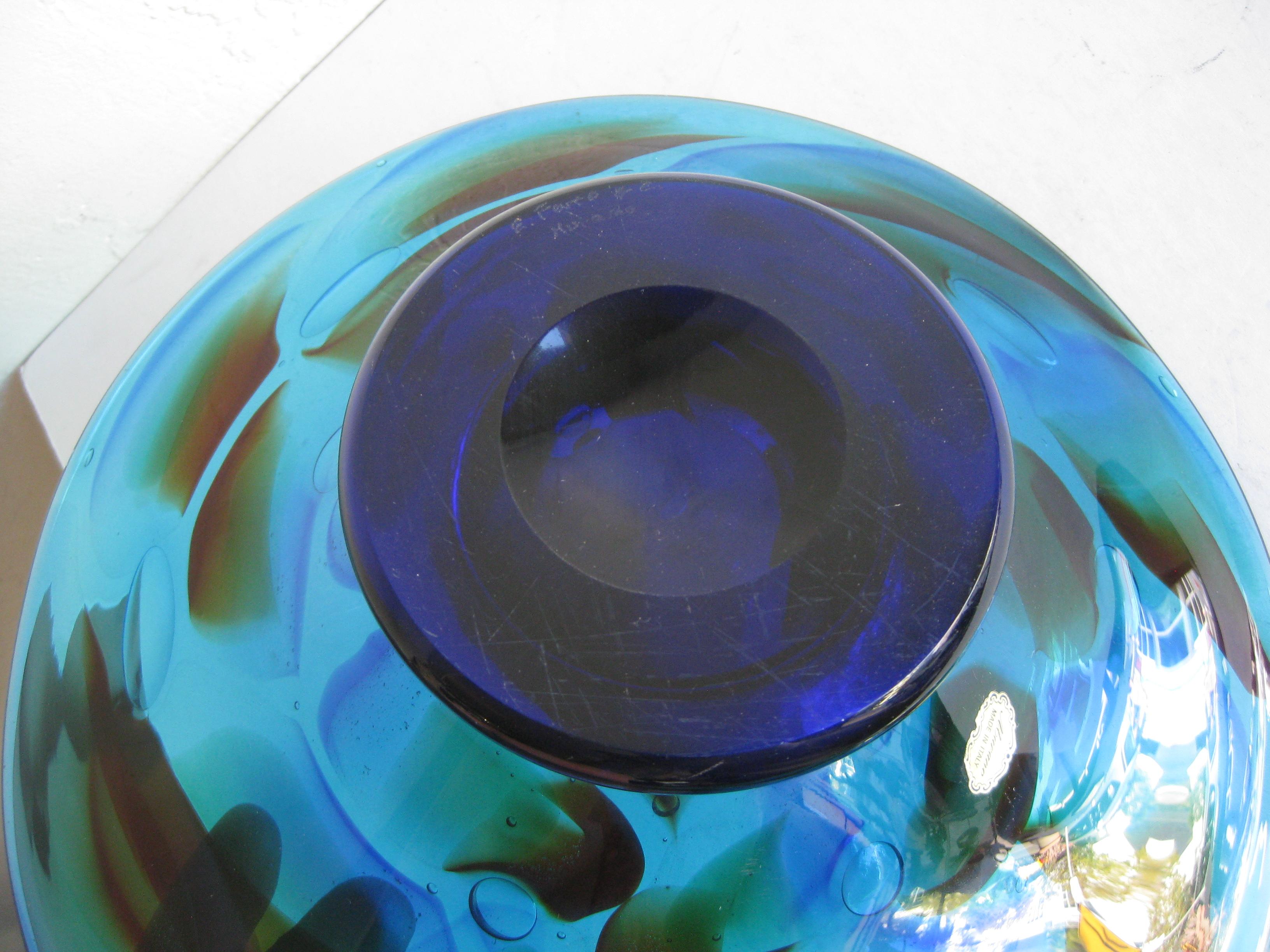 1960s Eugenio Ferro Murano Art Glass Blue Large Bowl Vase Sculpture, Italy For Sale 11