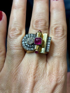 1960s European 18k gold, diamond and ruby tank ring