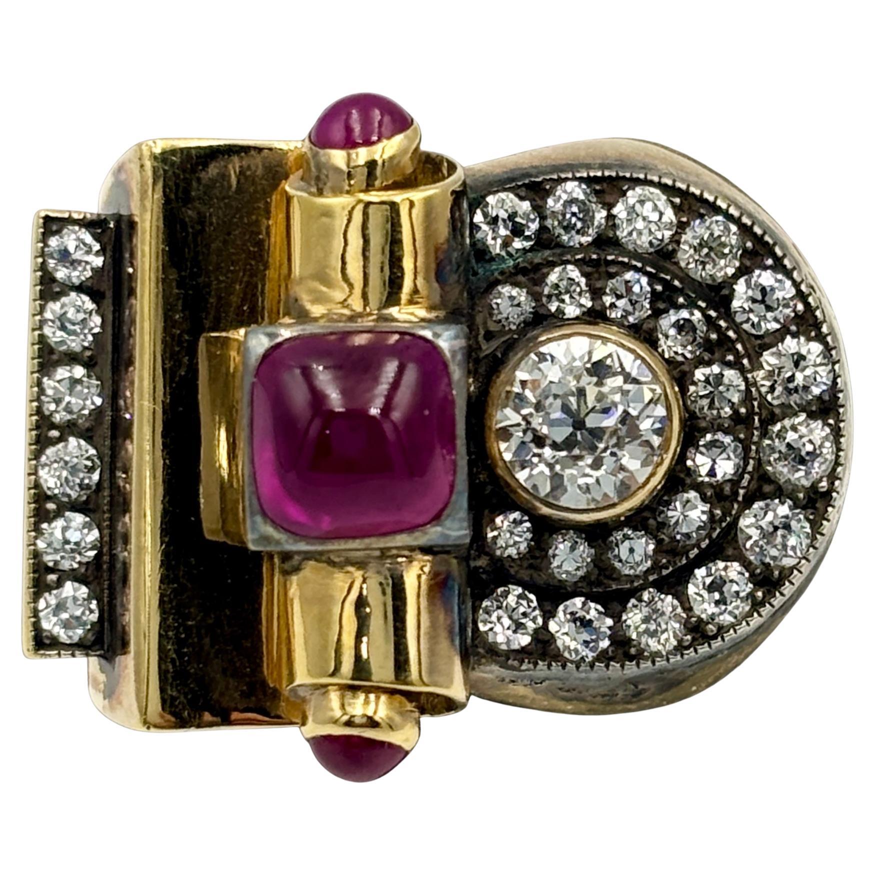 1960s European 18k gold, diamond and ruby tank ring