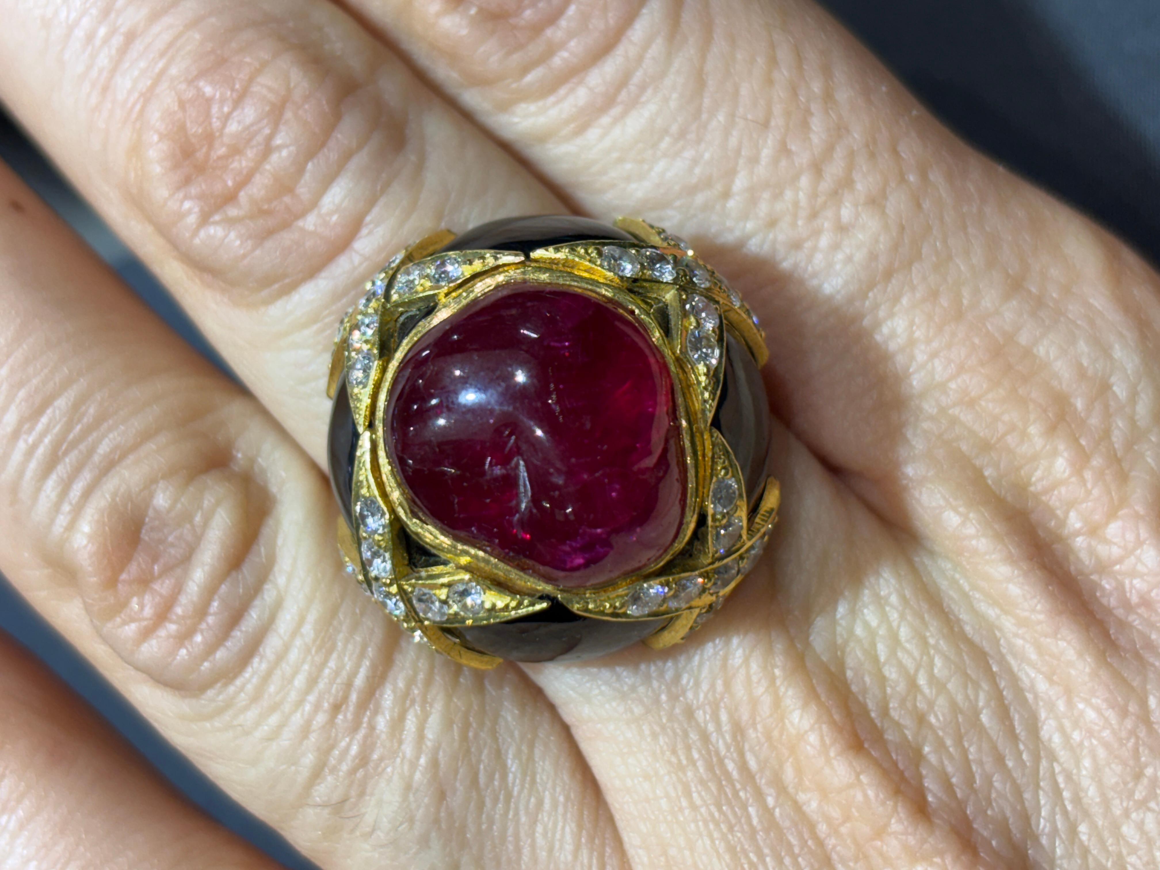 1960s European 18k gold, natural unheated ruby, diamond and onyx cocktail ring For Sale 4