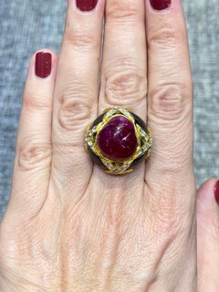 1960s European 18k gold, natural unheated ruby, diamond and onyx cocktail ring