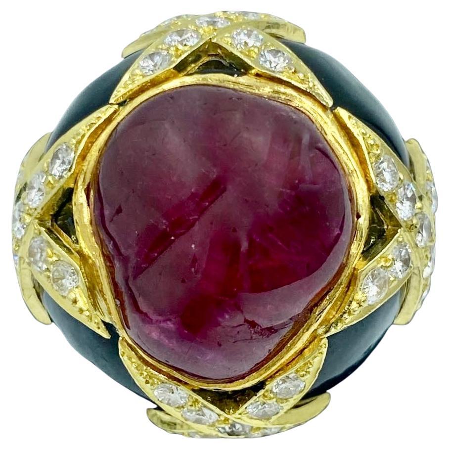 1960s European 18k gold, natural unheated ruby, diamond and onyx cocktail ring For Sale