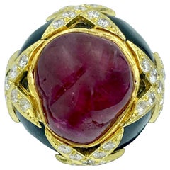 Vintage 1960s European 18k gold, natural unheated ruby, diamond and onyx cocktail ring