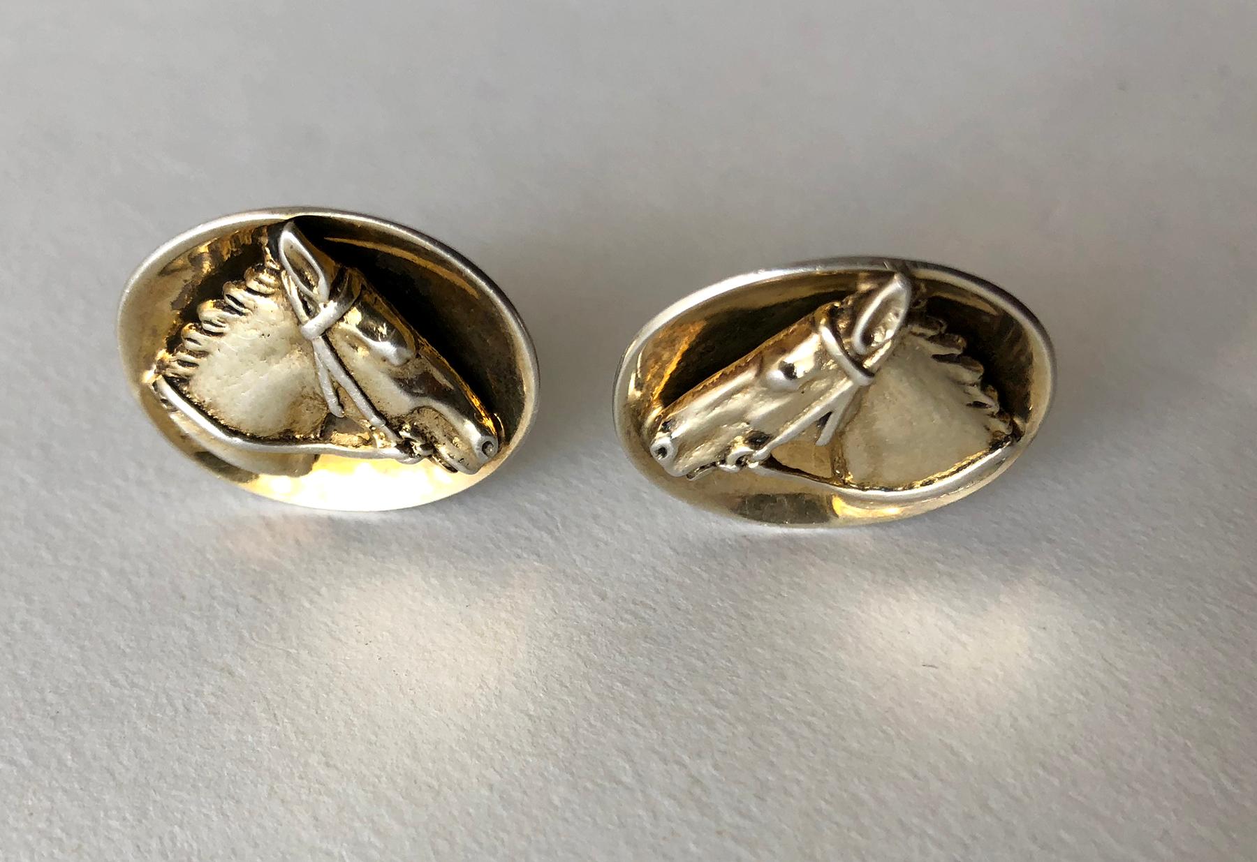 1960s European Silver Vermeil Equestrian Horse Head Cufflinks In Good Condition In Palm Springs, CA