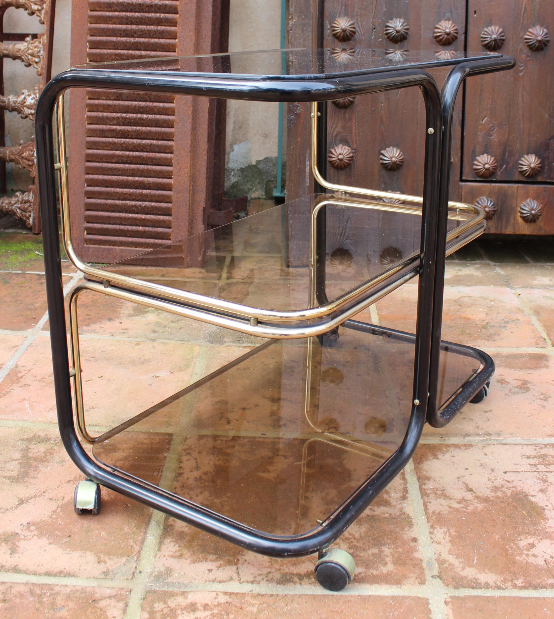 1960s European Vintage Two-Tone Metal Smoked Glass Drinks Trolley For Sale 1