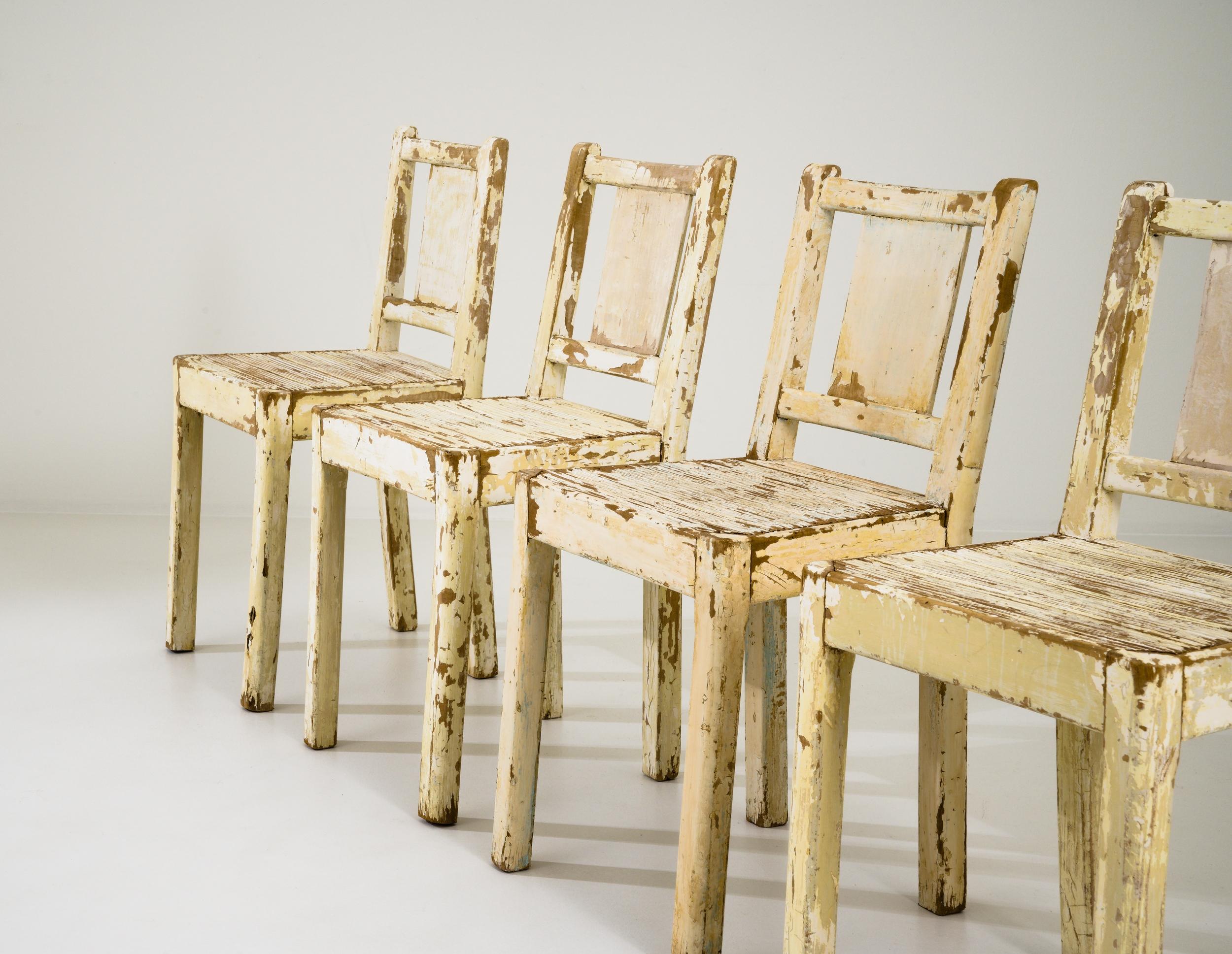 Wood 1960s European White Patinated Dining Chairs, Set of Four For Sale