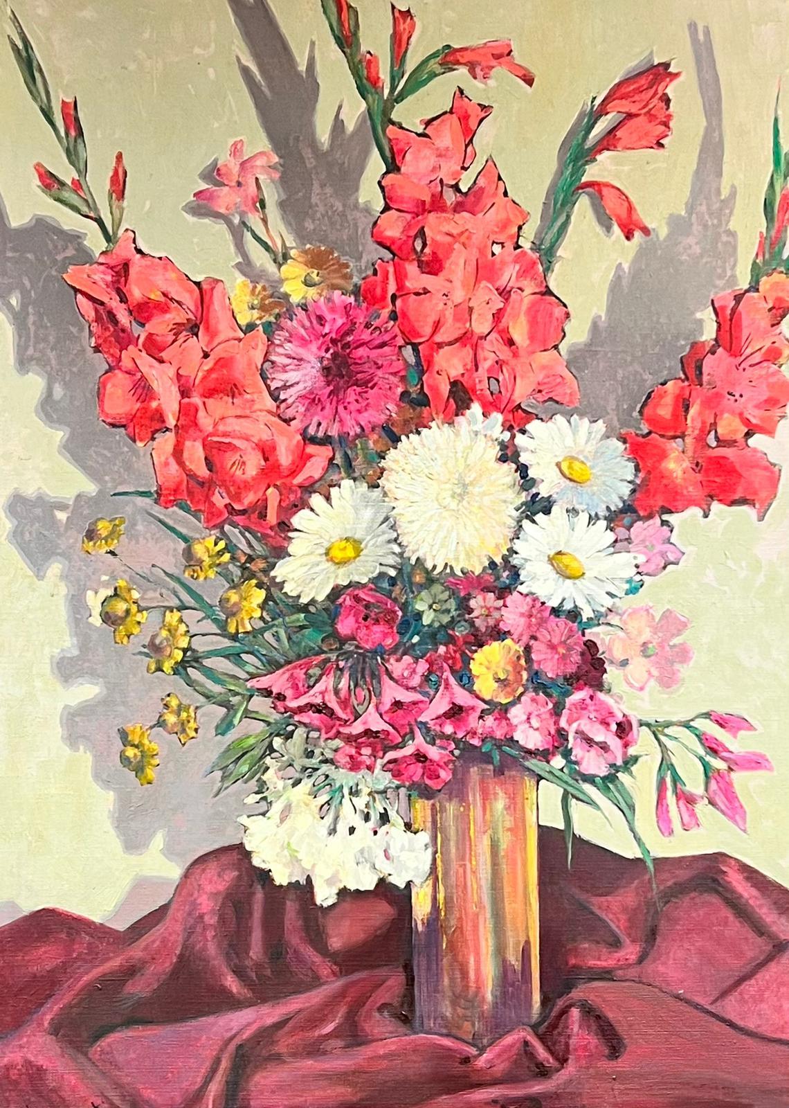 Huge 1960's European Still Life Burst of Color Flowers in Vase