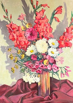 Vintage Huge 1960's European Still Life Burst of Color Flowers in Vase