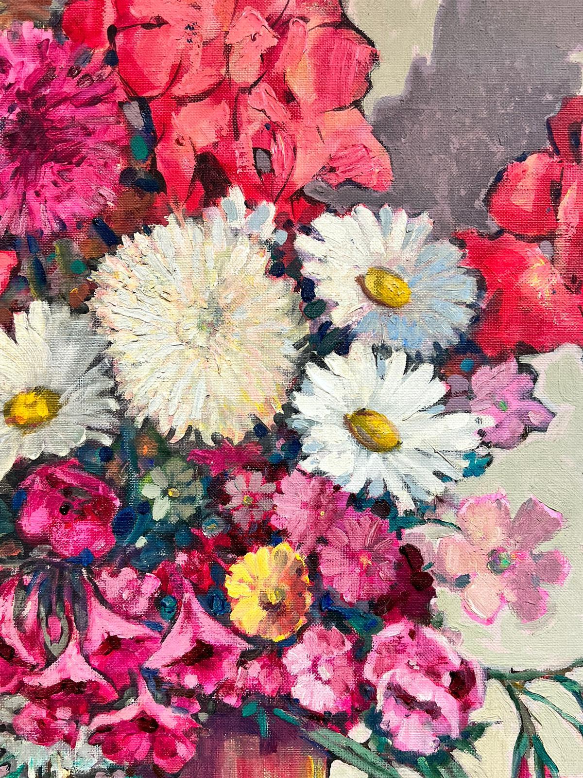 Huge 1960's European Still Life Burst of Color Flowers in Vase - Painting by 1960's Europen Oil