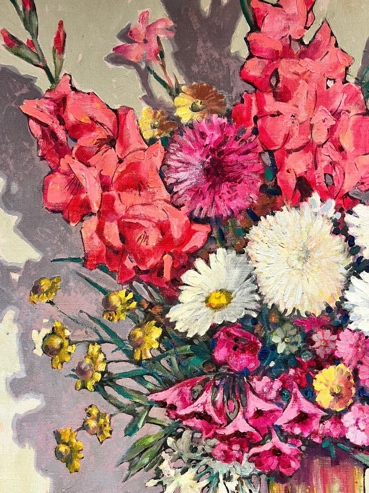 Huge 1960's European Still Life Burst of Color Flowers in Vase - Impressionist Painting by 1960's Europen Oil