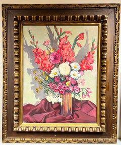 Used Huge 1960's European Still Life Burst of Color Flowers in Vase Amazing Frame