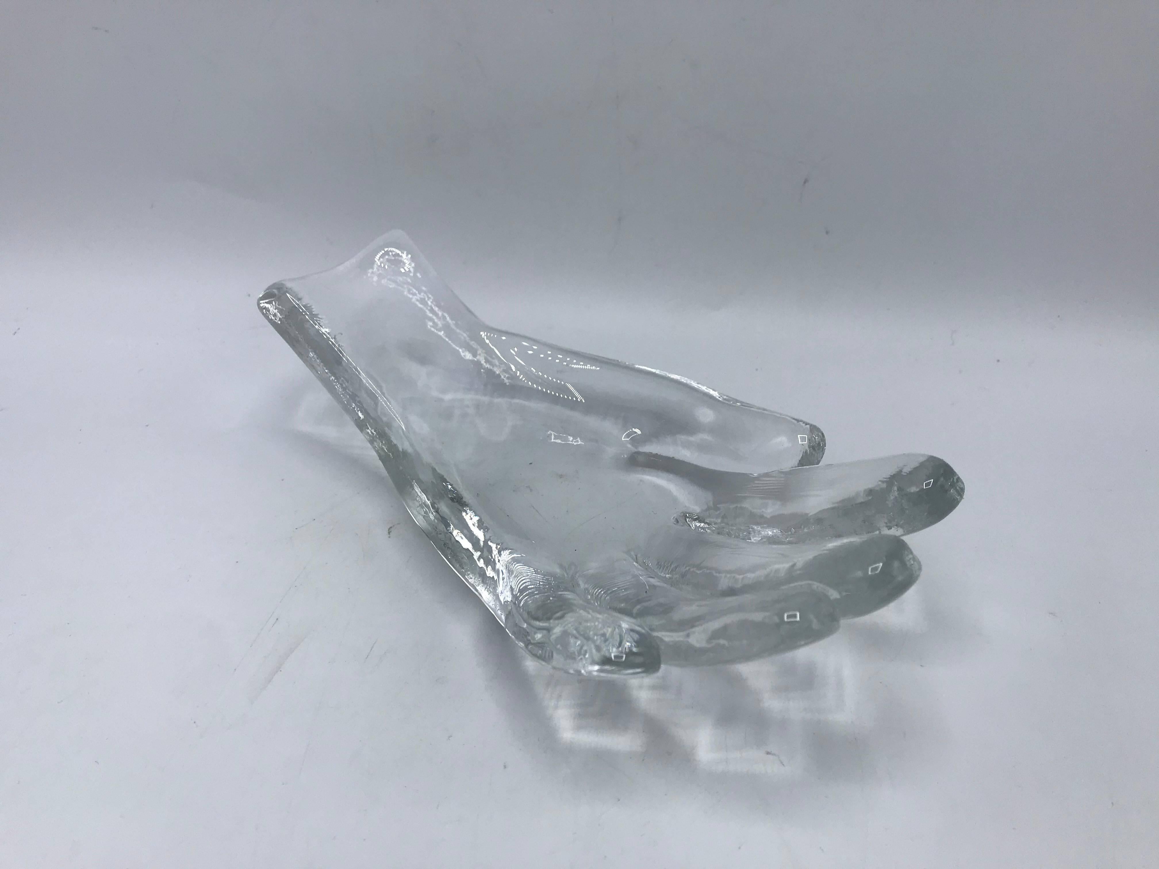 Offered is a gorgeous, 1960s Eva Englund glass hand sculpture. The sculptural catchall is heavy and has no discoloration in the glass.