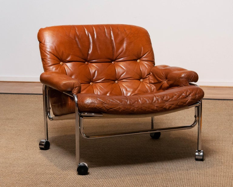 1960s Eva Lounge Chair Chrome and Aged Brown / Tan Leather by Lindlöfs Möbler 1 For Sale 6