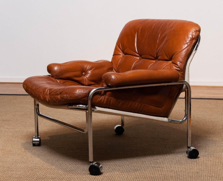 1960s Eva Lounge Chair Chrome and Aged Brown / Tan Leather by Lindlöfs Möbler 1 For Sale 7