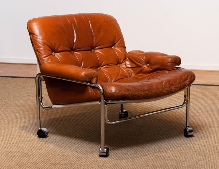 Swedish 1960s Eva Lounge Chair Chrome and Aged Brown / Tan Leather by Lindlöfs Möbler 1 For Sale